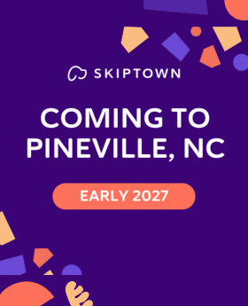 Announcement for Skiptown coming to Pineville, NC in early 2027, with colorful geometric shapes on a purple background.