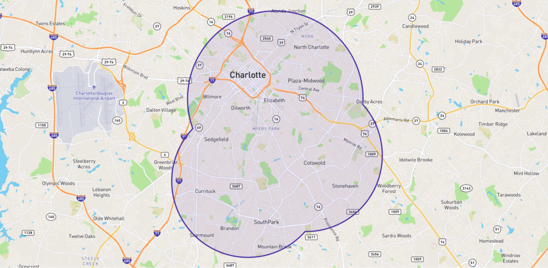 Map of Charlotte indicating boundaries for dog walking services