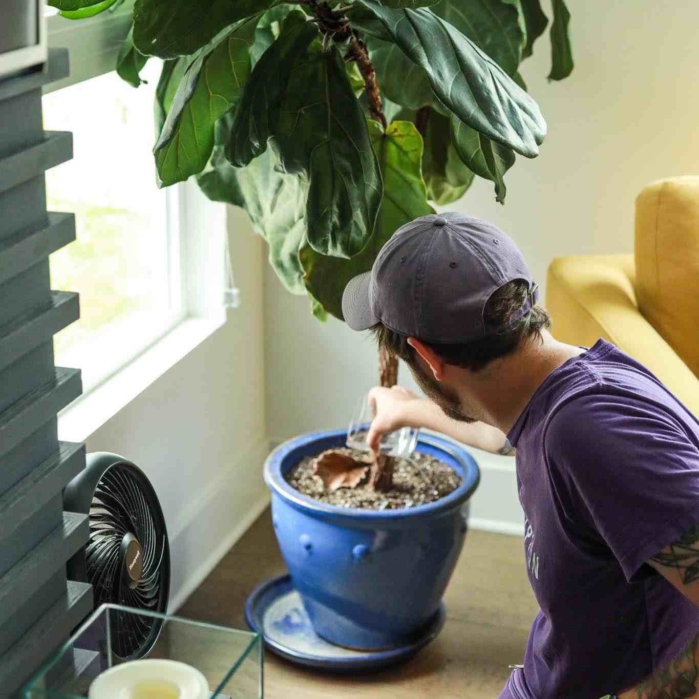 Man watering the plants at a dog boarding center in Charlotte, NC